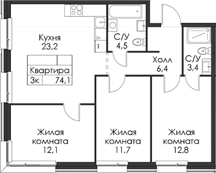 3-комнатная квартира 74.1 м², 9/12 эт., ЖК «Шкиперский 19»
